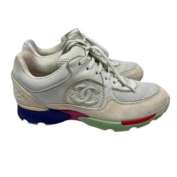Chanel Interlocking CC Logo Mesh Leather Sneakers White Multi Color Size EUR 40 - Picture 10 of 12
